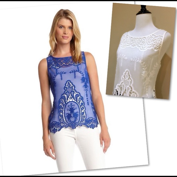 Karen Kane Embroidered Ivory Mesh Lace Tank Top - Picture 3 of 5